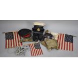 A Collection of Various Military Caps, American Flags, Canvas Straps, Belts Etc