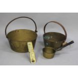 Two Brass and Iron Handled Jam Pans, Together with a Small Brass Cooking Pan and Thermometer