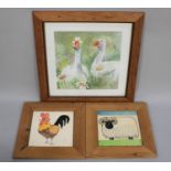 Two Framed Ceramic Tiles and Print of Geese