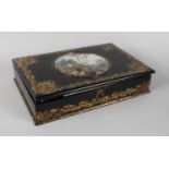 A 19th Century Continental Lacquered Workbox with Gilt Decoration and Circular Hand Painted Mother