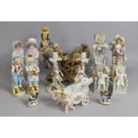 A Collection of Various Continental Figures to Comprise Pair of Sitzendorf Figural Candlesticks,