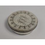 A Georgian White Metal Circular Box, The Screw Off Lid Monogrammed JFJ, 7.5cms Diameter