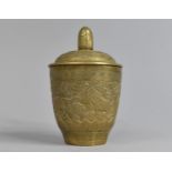A Heavy Chinese Brass Pot and Cover decorated in Relief with Elephant, Lion and Other Animals, 13cms