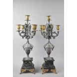 A Pair of French Ormolu Mounted Spelter Five Branch Clock Garniture Candelabra, Each 51cms High,