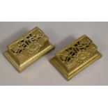 A Pair of Brass Two Division Stamp Holders with Pierced Lids, 8.5cms Wide