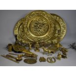 A Collection of Various Brass to Comprise Chargers, Ornaments, Dogs, Trivet Stand, Reeded Column
