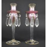 A Pair of Continental Glass Candlesticks with Gilt and Pink Decoration and Crystal Droppers, 23cms