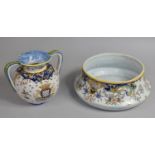 A French Faience Bowl, 26cm Diameter together with a Twin Handled Vase with Crest for "Le
