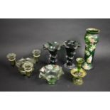 A Collection of Various Green Glass to Comprise Vases, Small Epergne with Gilt Greek Key Design,