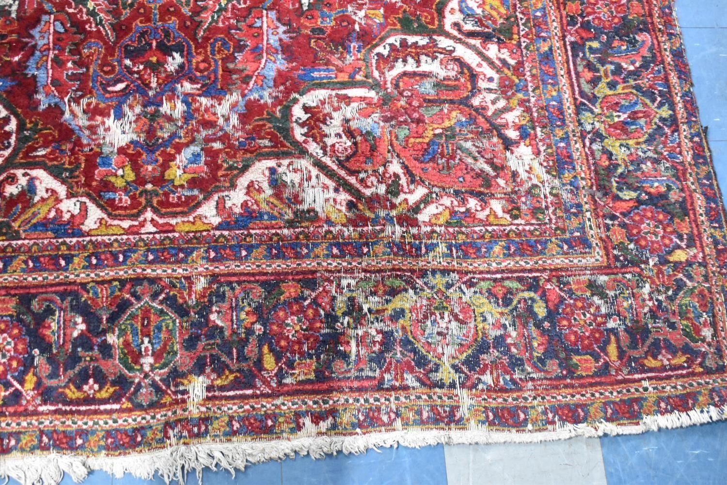 A Large Antique Persian Heriz Rug on Red Ground, Some Wear and Condition Issues, 340x240cms - Bild 3 aus 6