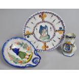 Three Pieces of French Faience to Comprise Dish with Maidens Head Design, Shaped Quimper Ware Dish