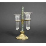 A Late Victorian Two Trumpet Epergne in Gilt Metal with Green and plain Glass Barley Sugar Twist