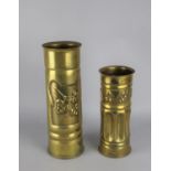 Two WWI Trench Art Brass Shell Cases with Floriate Decoration in Relief, Tallest 29cms High
