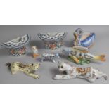 A Collection of Various Tin Glazed Ceramics to Comprise French Faience Cat Wall Pockets, Swan, Bud