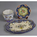 Three Pieces of French Faience to Comprise Cache Pot, Plate and a Platter