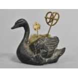 A Novelty Spelter Pin Cushion in the Form of a Swan Containing Staffordshire Pin and Jewelled
