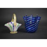 A Latticinio Glass Basket Together with a Italian Glass Tri Tone Swirl Handkerchief Vase, 13.5cm
