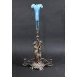 An Art Nouveau Bronzed Spelter Figural Epergne Stand with Unrelated Blue Glass Trumpet, Missing Side