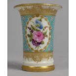 A Small Swansea Porcelain Vase Decorated with Rose Cartouche on Blue Pattern Ground and with Gilt