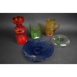 A Collection of Various Glass to Comprise Knopped Ruby Glass Sleeve Vase, Amber Glass Jug, Art