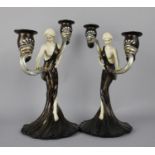 A Pair of Reproduction Art Deco Figural Two Branch Candelabra, 29cms High