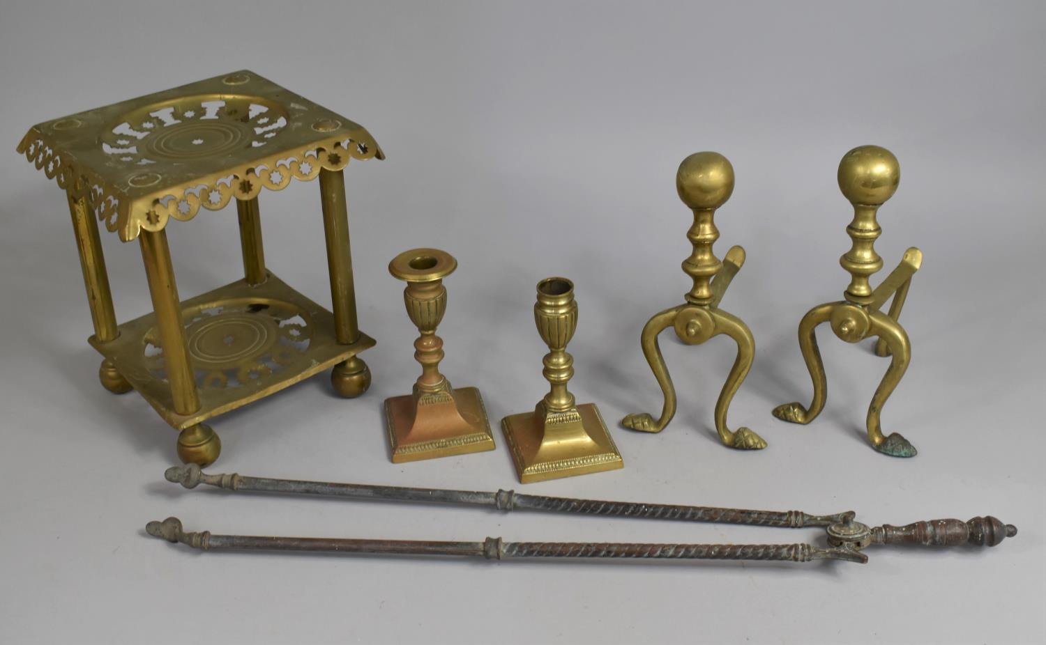 A Collection of 19th Century Metalwares to Comprise Pierced Brass Kettle Stand, Fire Dogs, Pair of