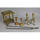 A Collection of 19th Century Metalwares to Comprise Pierced Brass Kettle Stand, Fire Dogs, Pair of