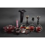 A Collection of Various Ruby and Aubergine Glass to Comprise Epergne Vase, Nice Quality Candle Stick