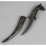 A Miniature Persian Souvenir Niello Style Curve Bladed Dagger with Scabbard, Handle in the Form of a