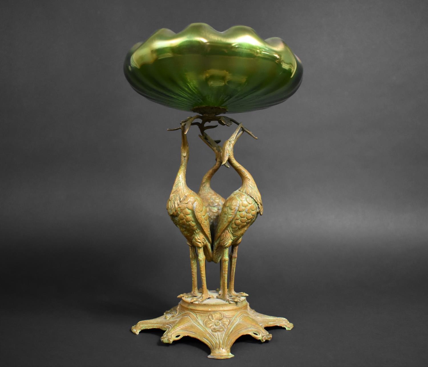 An Austrian Art Nouveau Table Centre, Moulded Iridescent Green Glass Bowl Supported on Patinated - Image 4 of 10