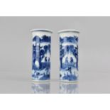 A Pair of Small 19th/20th Century Blue and White Sleeve Vases with Flared Necks Decorated with River