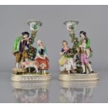 Two German Porcelain Figural Candlesticks Modelled as Farmer and Wife underneath Encrusted Tree,