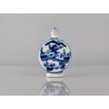 A Chinese Blue and White Snuff Bottle of Moon Flask Form Decorated with Village Scene, Leaf Mark