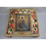 A Modern Painted Russian Icon Coffee Table with Centre Glazed Section Housing Painted Canvas