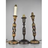 Three Kashmiri Table Lamps all decorated in Polychrome Enamels on Ebonised Ground, Two Examples with