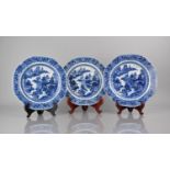 A Set of Three 18th Century Chinese Porcelain Blue and White Plates Decorated with River Village