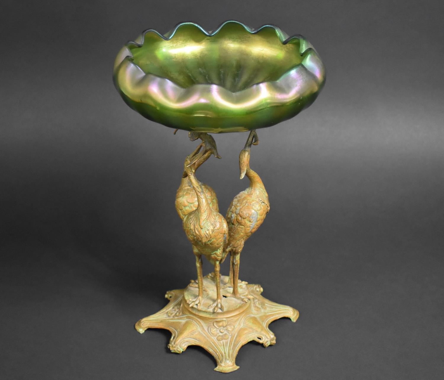 An Austrian Art Nouveau Table Centre, Moulded Iridescent Green Glass Bowl Supported on Patinated - Image 7 of 10