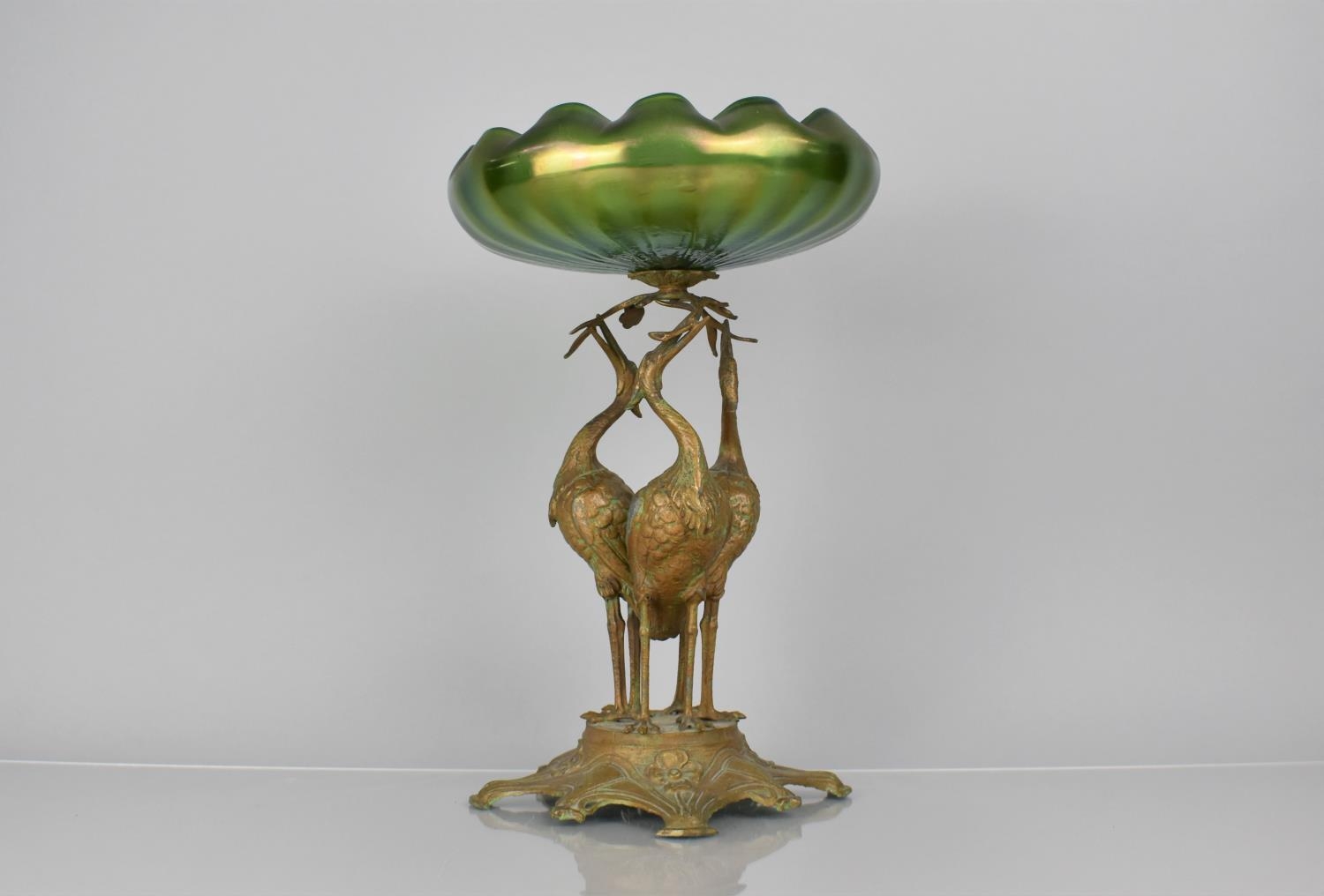 An Austrian Art Nouveau Table Centre, Moulded Iridescent Green Glass Bowl Supported on Patinated - Image 9 of 10