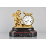 A French Gilt Bronze Figural Drum Clock on Slate and Marble Breakfront Plinth, Mounted with Cupid