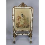 A 19th Century Large and Ornate Gilt and White Painted Fire Screen with Silk Embroidered Panel