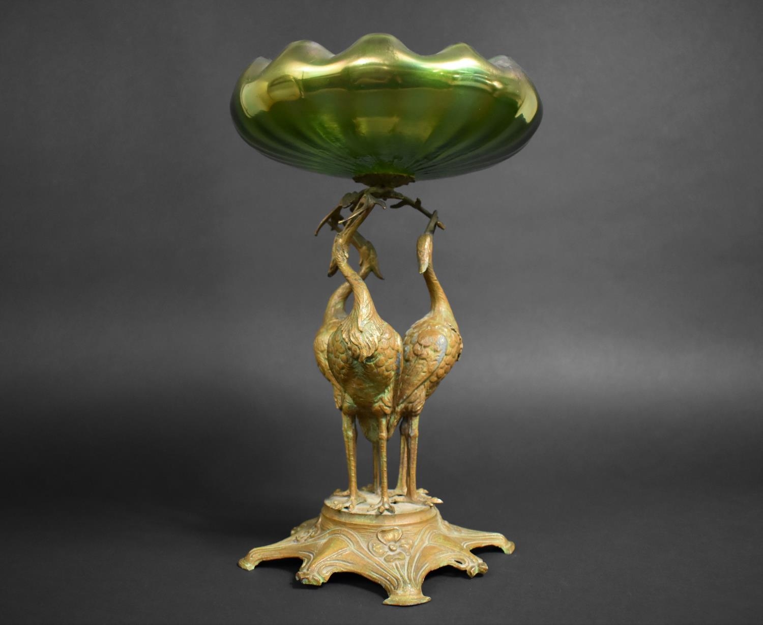 An Austrian Art Nouveau Table Centre, Moulded Iridescent Green Glass Bowl Supported on Patinated - Image 5 of 10