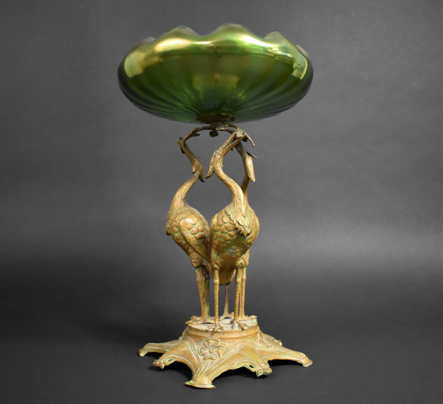 An Austrian Art Nouveau Table Centre, Moulded Iridescent Green Glass Bowl Supported on Patinated - Image 2 of 10