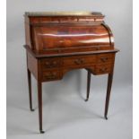 A Good Edwardian Sheraton Revival Satinwood and String Inlaid Cylinder Bureau with Pull Out