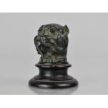 A Victorian Novelty Patinated Metal Thimble Case in the Form of an English Bulldog with Glass Eyes