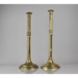 A Large Pair of 18th/19th Century Cellarman Brass Candlesticks with Ejector Handles on Circular