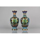 A Pair of Chinese Cloisonne Pomegranate Pattern Vases on Blue Ground, Decorated with Butterflies and