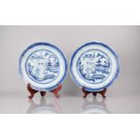 A Pair of Chinese Porcelain Blue and White Export Plates Decorated with River Village Scene, 25.5cms