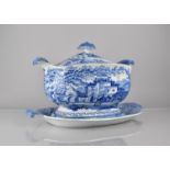 A Large English 19th Century Blue and White Tureen and Cover Having Scrolled Handles and Complete