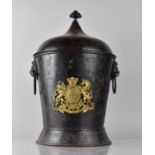 A 19th Century Circular Lidded Toleware Coal Bucket with Brass Royal Crest Mount and two Lion Mask