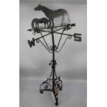 A Vintage Garden Weathervane with Horse and Foal Motif, Wrought Iron, Upon Unrelated Oil Lamp Tripod